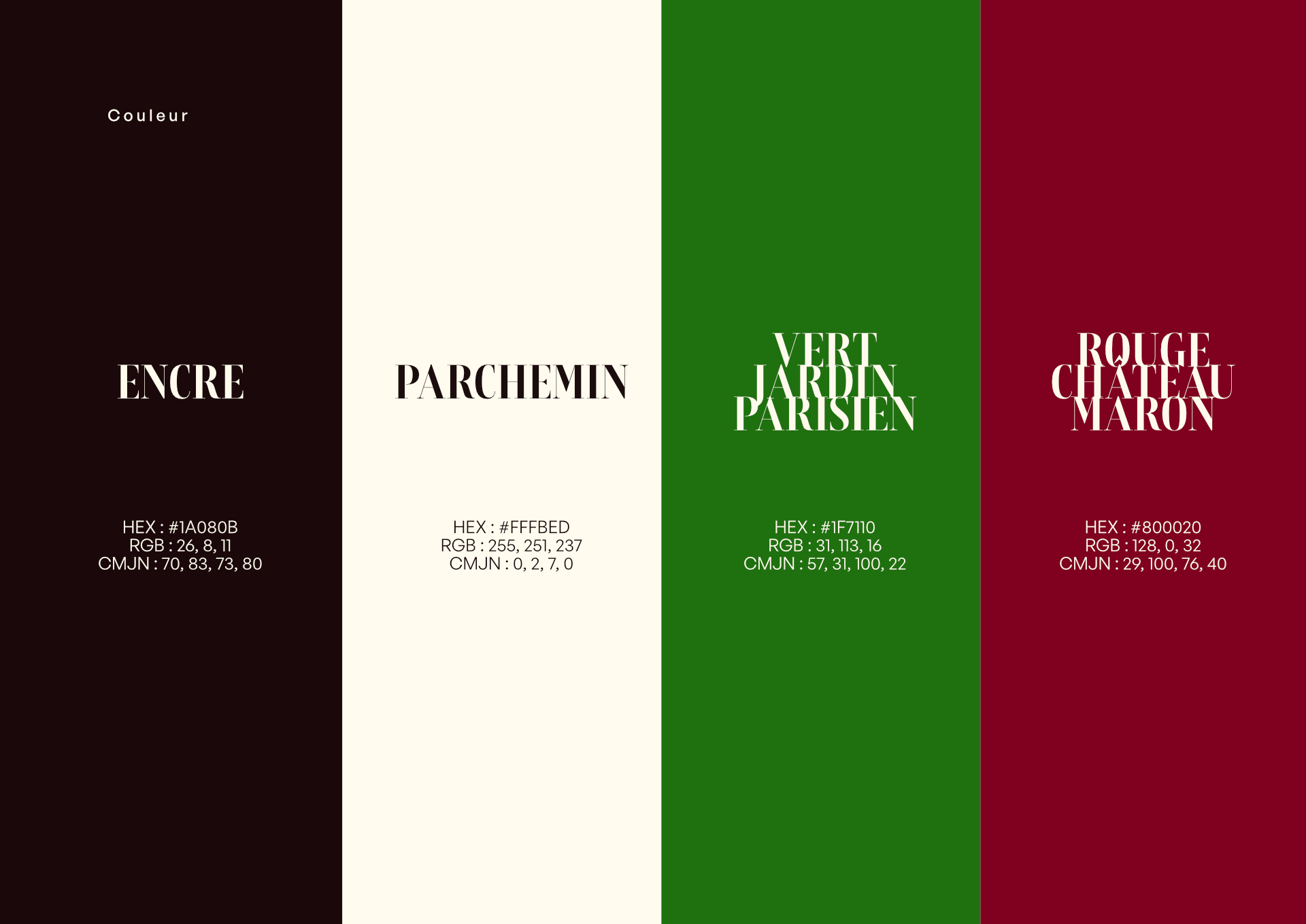 Palette Encre · Parchemin · Vert Jardin Parisien · Rouge Château Maron